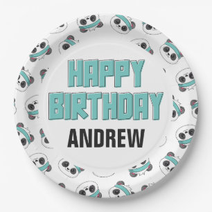 Dude Teal and Black Panda Happy Birthday Party Paper Plate