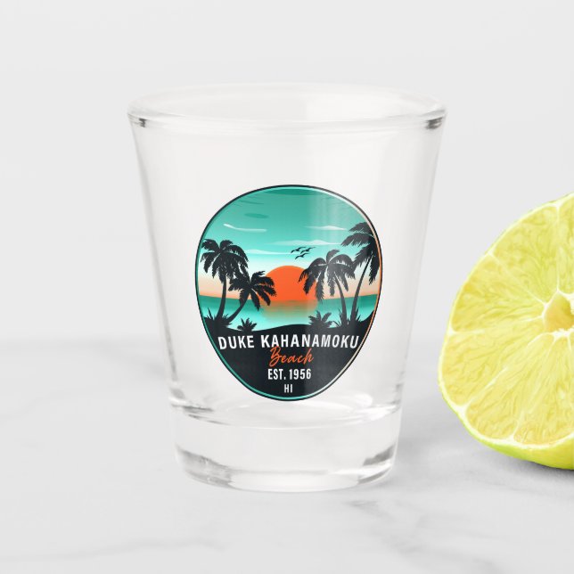 Duke Kahanamoku Beach Hawaii Retro Sunset Souvenir Shot Glass (Front)