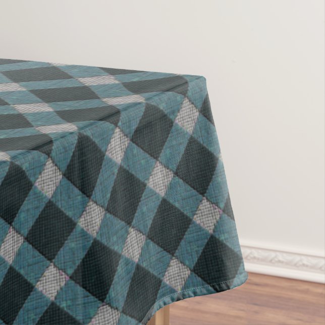 Dull blue cross tartan plaid and light grey relief tablecloth (In Situ)
