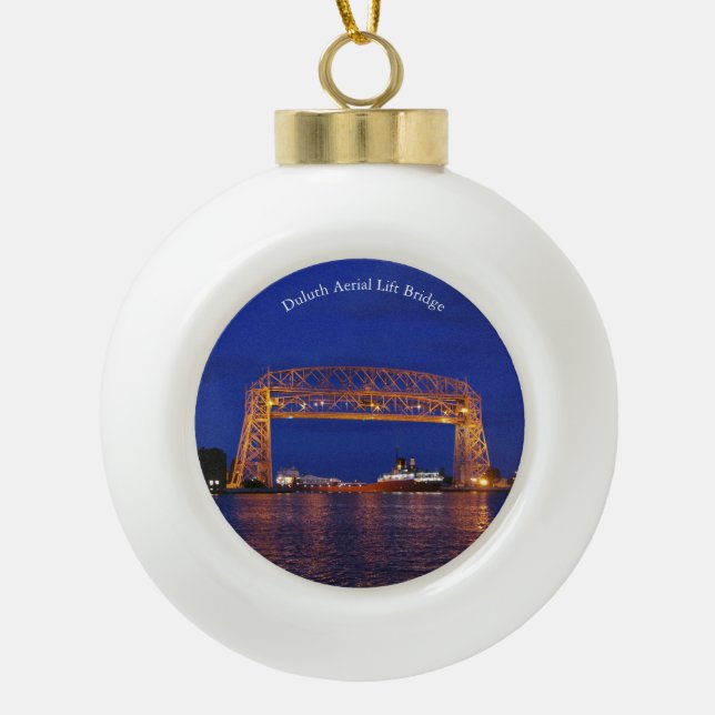 Duluth Aerial Lift Bridge & John G. Munson Ceramic Ball Christmas Ornament (Front)