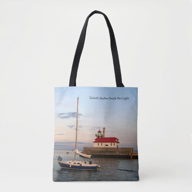 Duluth Harbour South Pier Light & Boat tote bag (Front)