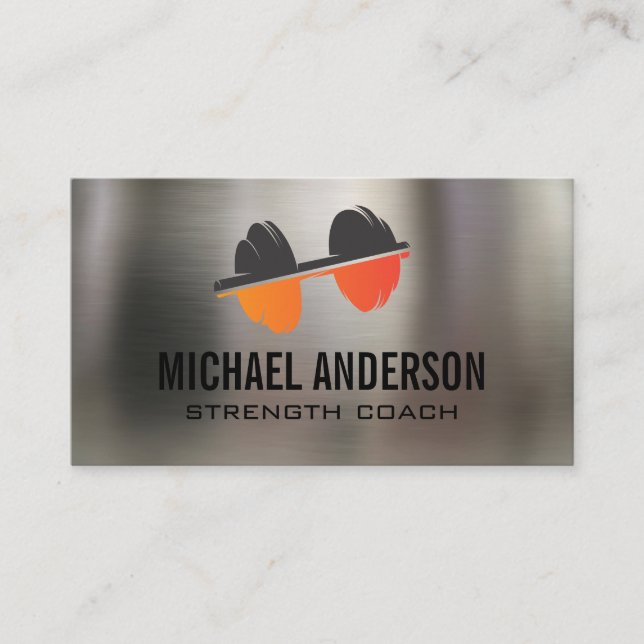 Dumbbell Logo | Fitness | Metal Background Business Card (Front)