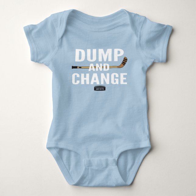 Dump and Change Hockey Baby Boy Blue jersey Bodysuit (Front)