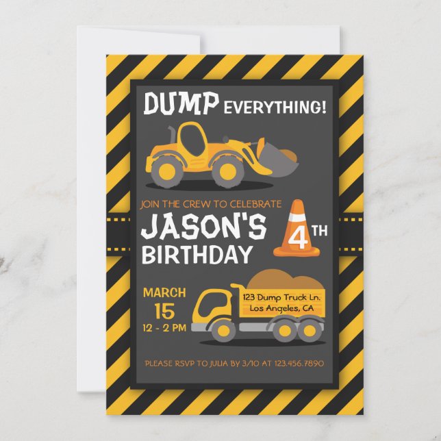 Dump Everything Dump Truck Birthday Party Invite (Front)