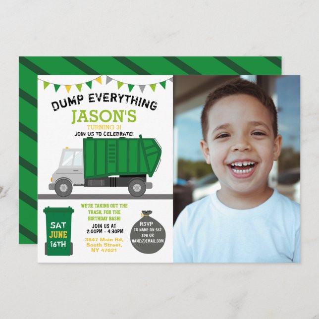 Dump Everything Fun Rubbish Truck Birthday Photo Invitation (Front/Back)