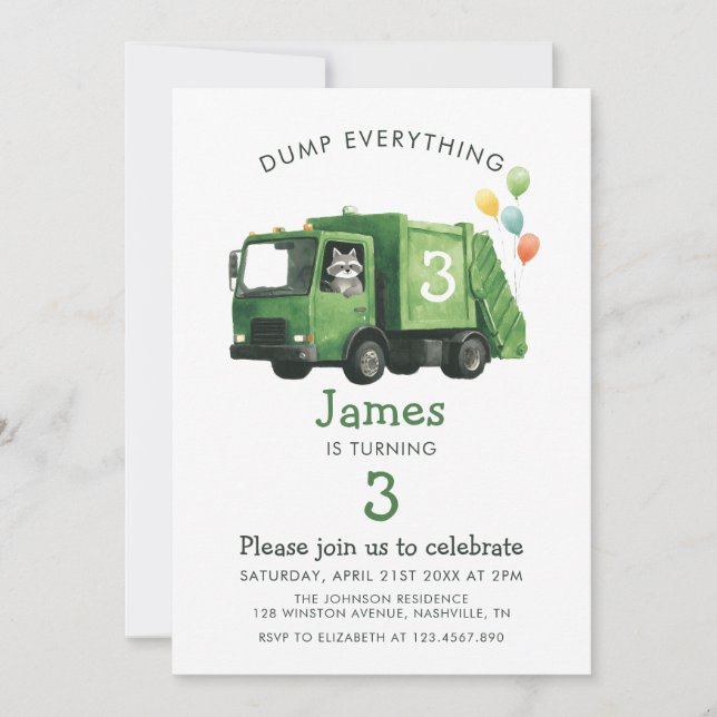 Dump Everything Garbage Truck Kids Birthday  Invitation (Front)