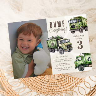 Dump Everything! Garbage Truck Photo 3rd Birthday Invitation