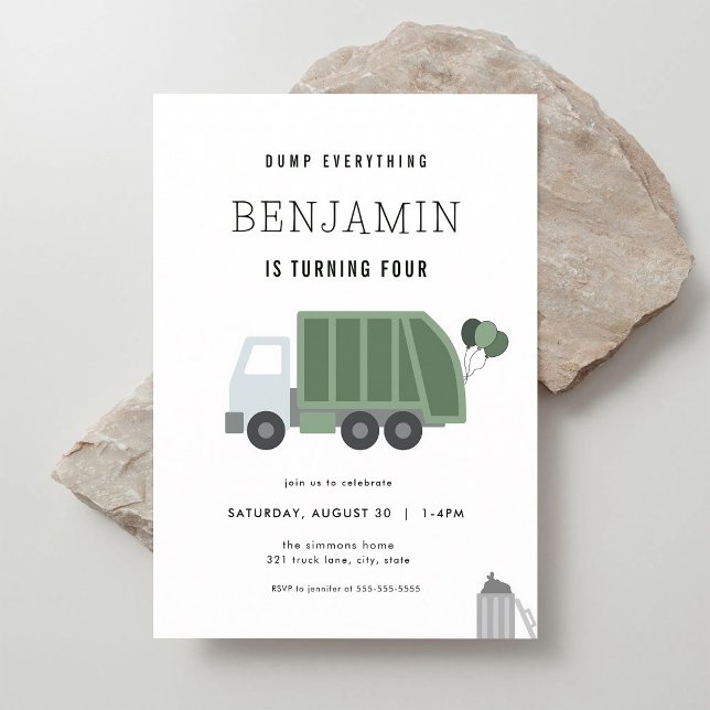 Dump Everything Green Garbage Truck Boy Birthday Invitation (Creator Uploaded)