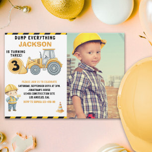 "DUMP EVERYTHING! Photo –Construction 3rd Birthday Invitation