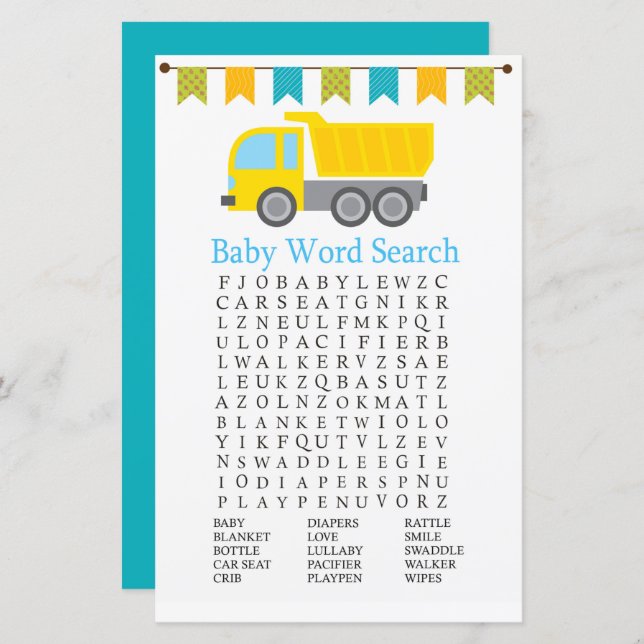 Dump truck Baby Shower Word Search Game (Front/Back)