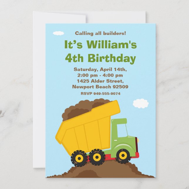 Dump Truck Birthday Party Invitation (Front)
