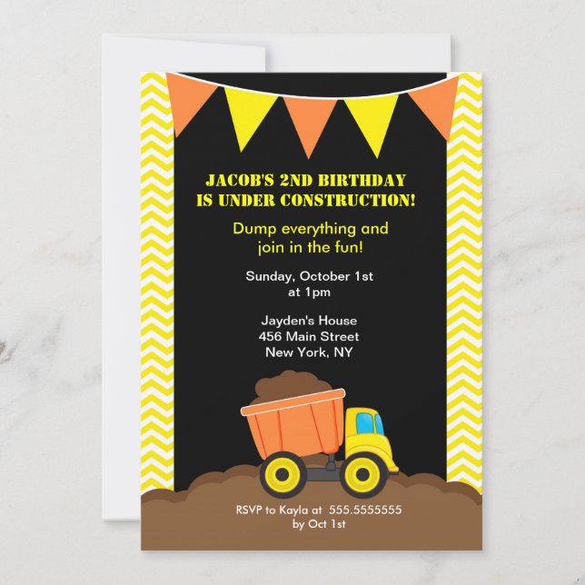 Dump Truck Construction Birthday Invitations (Front)