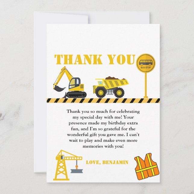 Dump truck construction birthday Thank You card (Front)