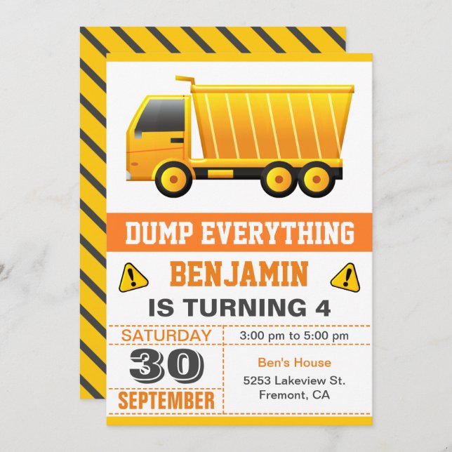 Dump Truck Construction Kids Birthday Party Invitation (Front/Back)