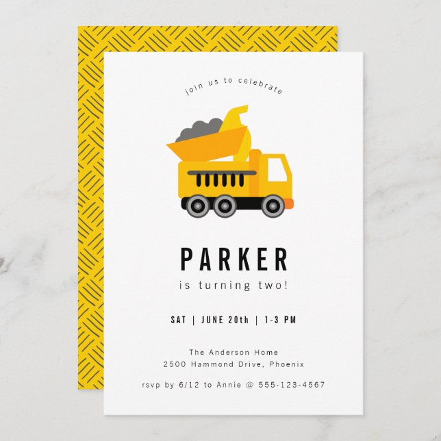Dump Truck Construction Theme Birthday Invitation (Front/Back)