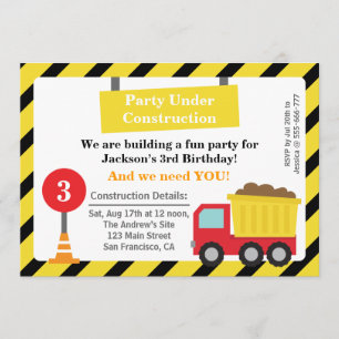 Dump Truck Construction Theme Birthday Party Invitation