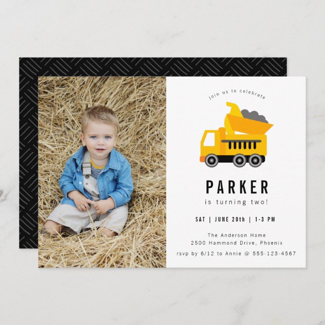 Dump Truck Construction Theme Photo Birthday Invitation (Front/Back)