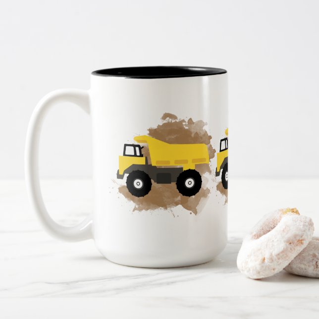 Dump Truck Construction Vehicle Mud  Two-Tone Coffee Mug (With Donut)