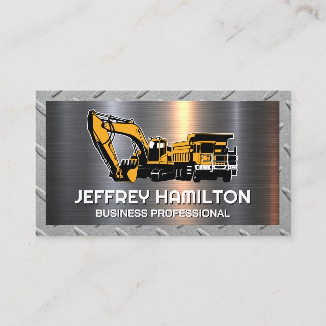 Dump Truck Excavator |  Diamond Plate Steel Sheet Business Card (Front)