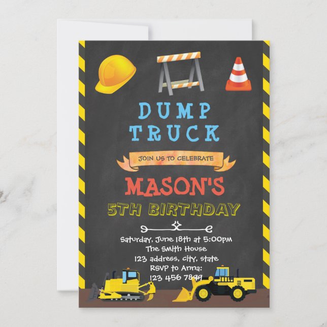 Dump truck party birthday invitation (Front)