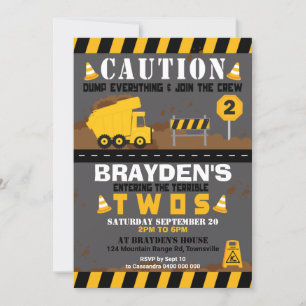 Dump Truck Party Invitation 2nd Birthday