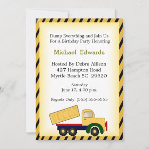 Dump Truck Theme Birthday Party Invitation