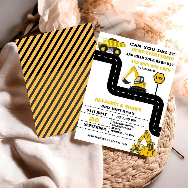 Dump Truck Twin Boy Construction Birthday Invitation (Creator Uploaded)