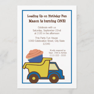 Dump Truck with Cupcake Blue Invitation