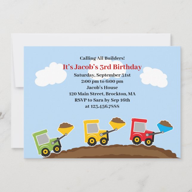 Dump Trucks Constructions Birthday Invitation (Front)