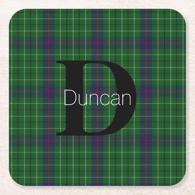 Duncan Clan Plaid Monogram  Square Paper Coaster (Front)
