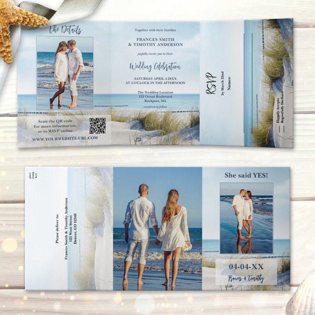 Dunes and Beach Photos All-in-one Wedding Tri-Fold Invitation (All in one wedding photo invitation featuring an image of dunes overlooking a beach and ocean)