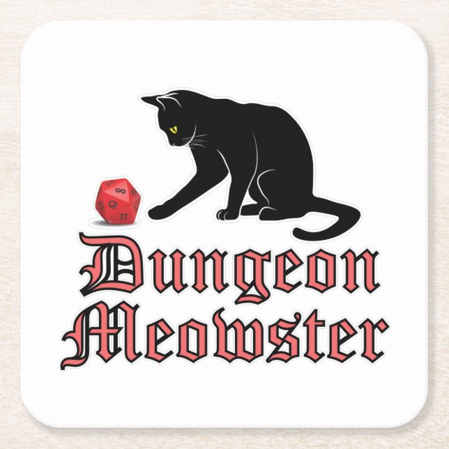 Dungeon Meowster Funny RPG Cat with Dice Square Paper Coaster (Front)