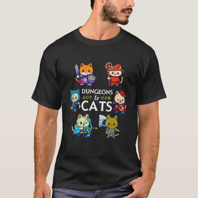 Dungeons And Cats RPG D20 Dices Nerds Gamer Cat T-Shirt (Front)