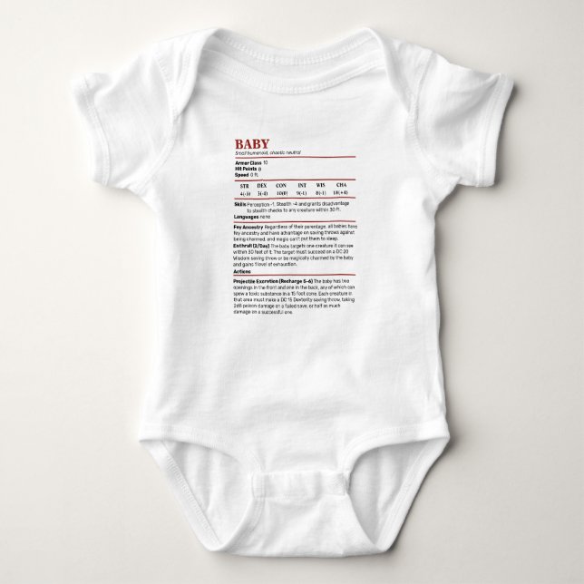Dungeons & Dragons Baby Stat Block Bodysuit (Front)