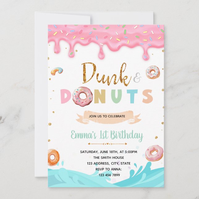 Dunk and Doughnuts birthday Invitation (Front)