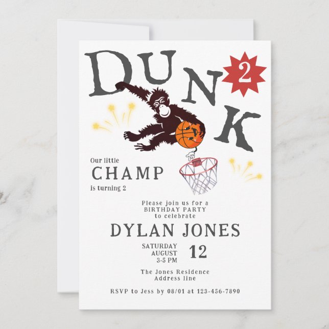 Dunk! Little Champ Monkey Basketball Kids Birthday Invitation (Front)