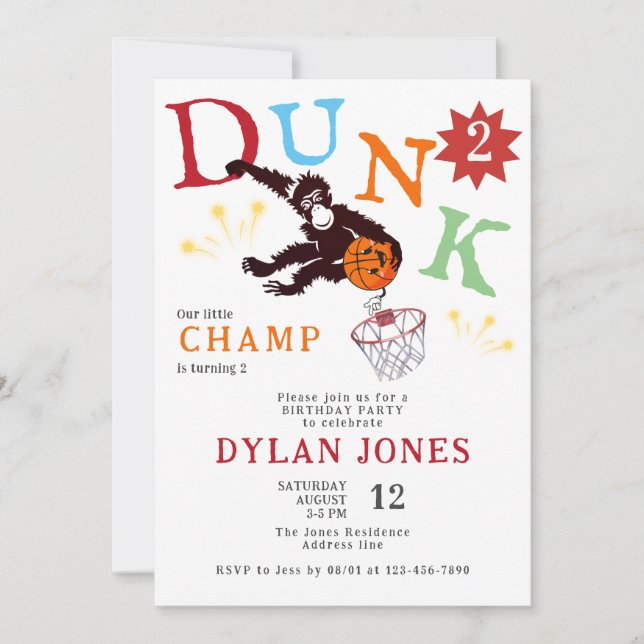 Dunk! Monkey Little Champ Basketball Kids Birthday Invitation (Front)
