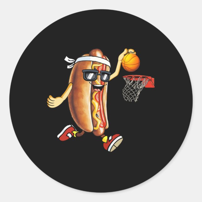 Dunking Hotdog In Bread Roll Playing Basketball Sp Classic Round Sticker (Front)