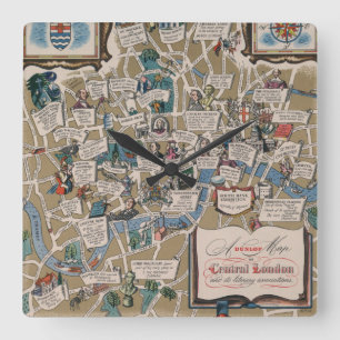 Dunlop map- Literary Landmarks of Central London Square Wall Clock