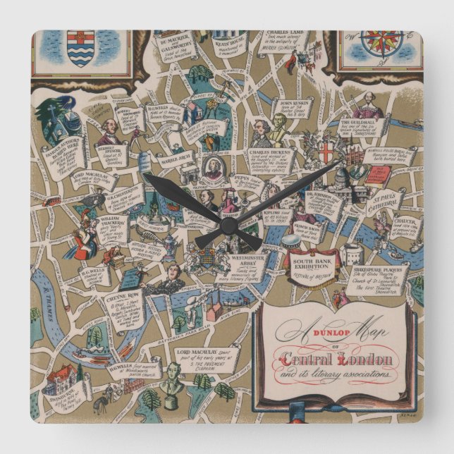 Dunlop map- Literary Landmarks of Central London Square Wall Clock (Front)