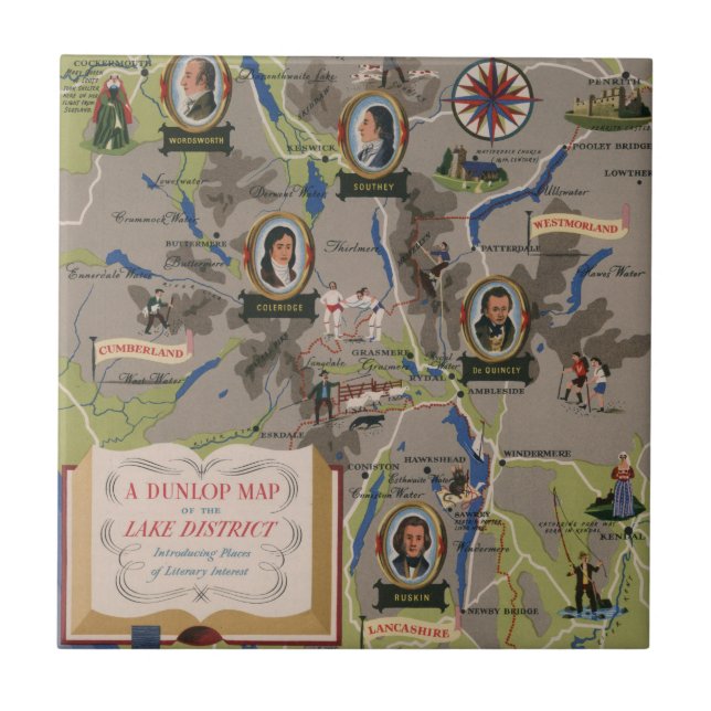 Dunlop Map of Lake District, England Ceramic Tile (Front)