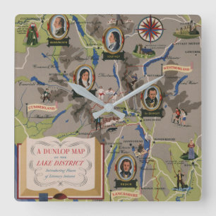 Dunlop Map of Lake District, England Square Wall Clock