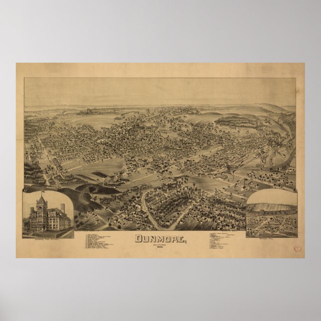 Dunmore Pennsylvania 1892 Antique Panoramic Map Poster (Front)