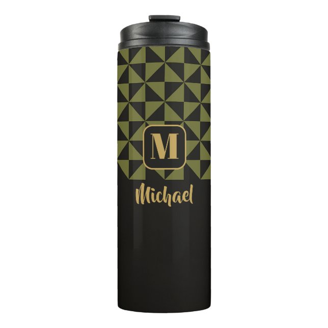 Duo Geo Black & Olive Moss Custom Names Thermal Tumbler (Front)
