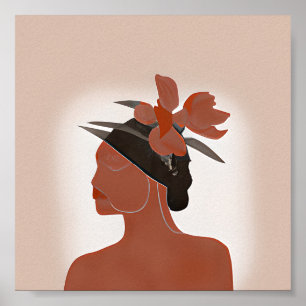 Duo tone woman and floral hat minimalist art poster