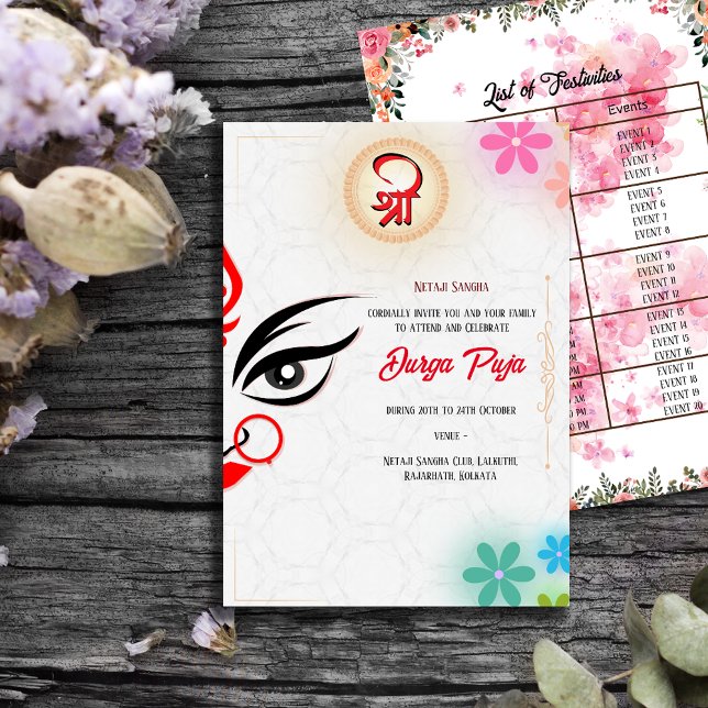 Durga Puja Navratri Bengali Floral Event List Invitation (Creator Uploaded)