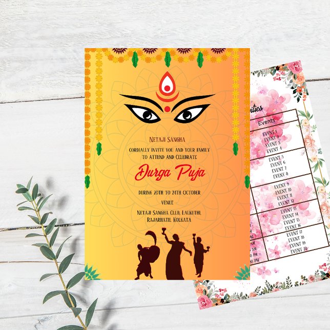 Durga Puja Navratri Bengali Floral Event List Invitation (Creator Uploaded)