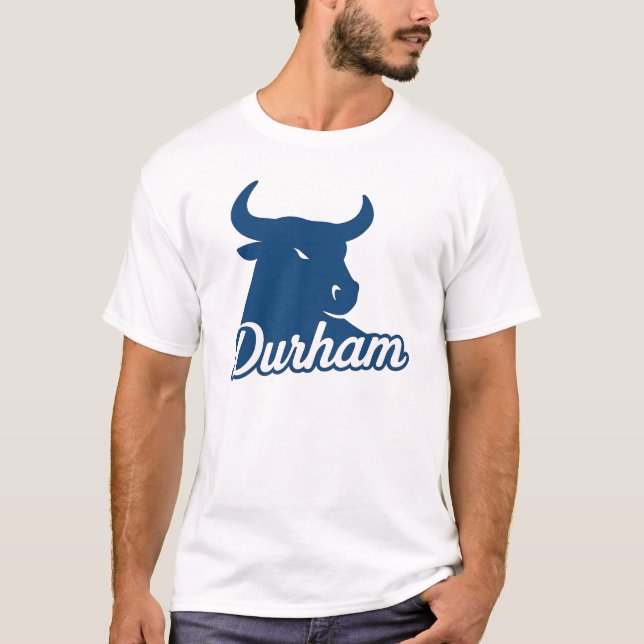 Durham Bull Head Logo – Bold Blue Script City T-Shirt (Front)