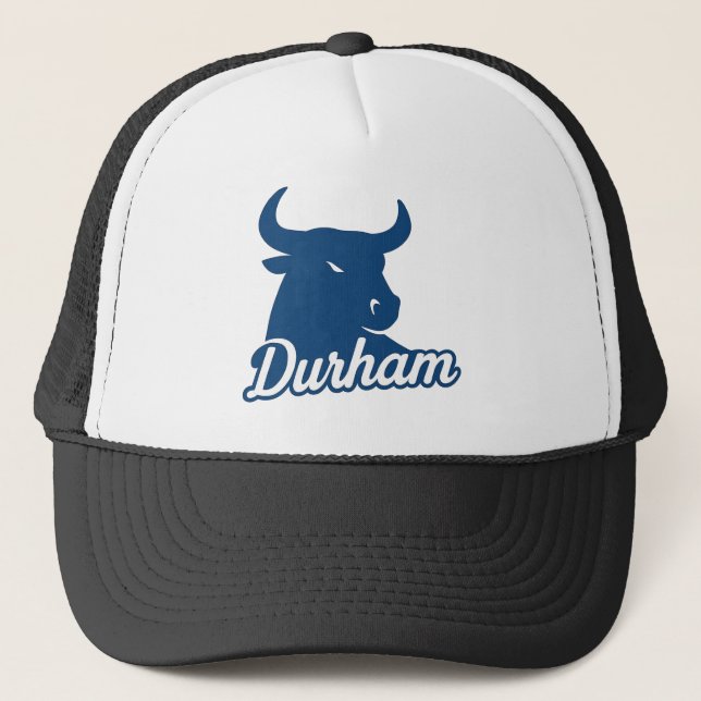 Durham Bull Head Logo – Bold Blue Script City Trucker Hat (Front)