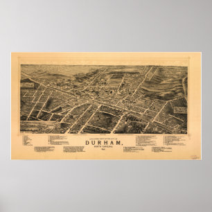 Durham N. Carolina 1891 Antique Panoramic Map Poster